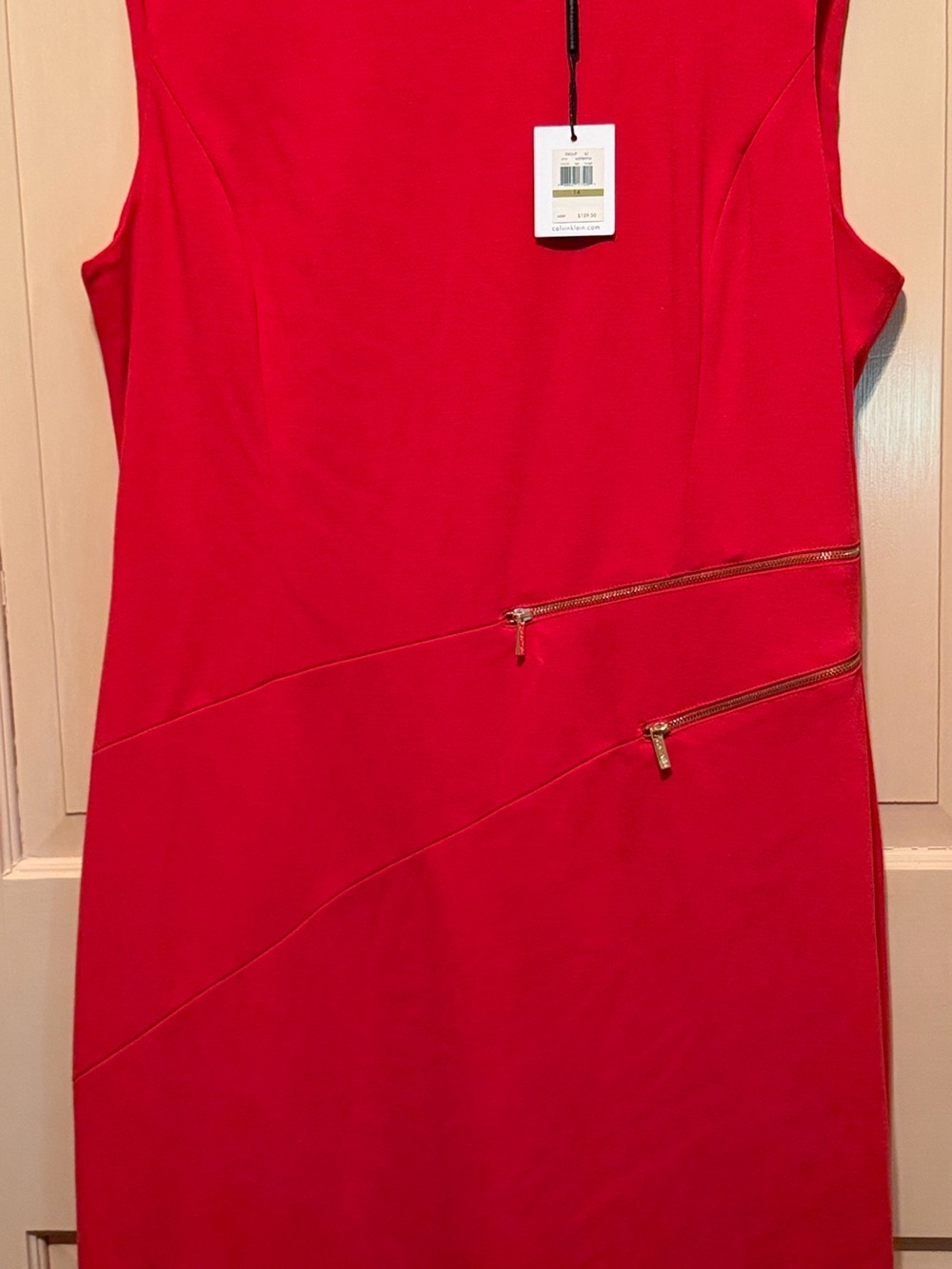 Calvin Klein Bright Red Sleeveless Sheath Dress with Zip Accents